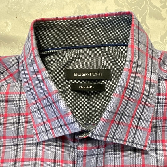 Bugatchi Mens Button Down Shirt Grey Red Black Plaid Long Sleeve Size Medium - Picture 8 of 8